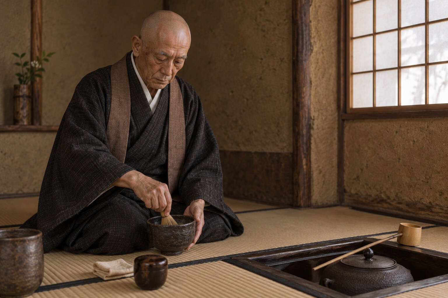 小間の茶室で茶筅を使う利休の想像場面。待庵そのものの復元ではない(AI生成イメージ)