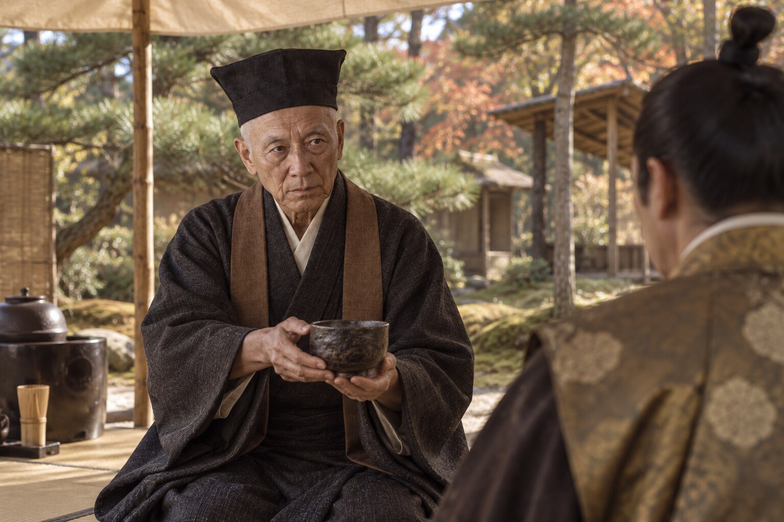 北野大茶湯を題材に、屋外の茶席で客を迎える利休の想像場面(AI生成イメージ)
