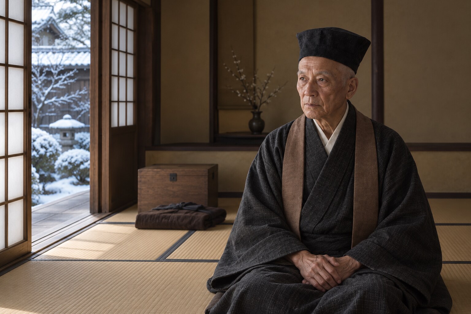 退去を前にした晩年の利休を表す想像場面。実際の居室や心情の復元ではない(AI生成イメージ)