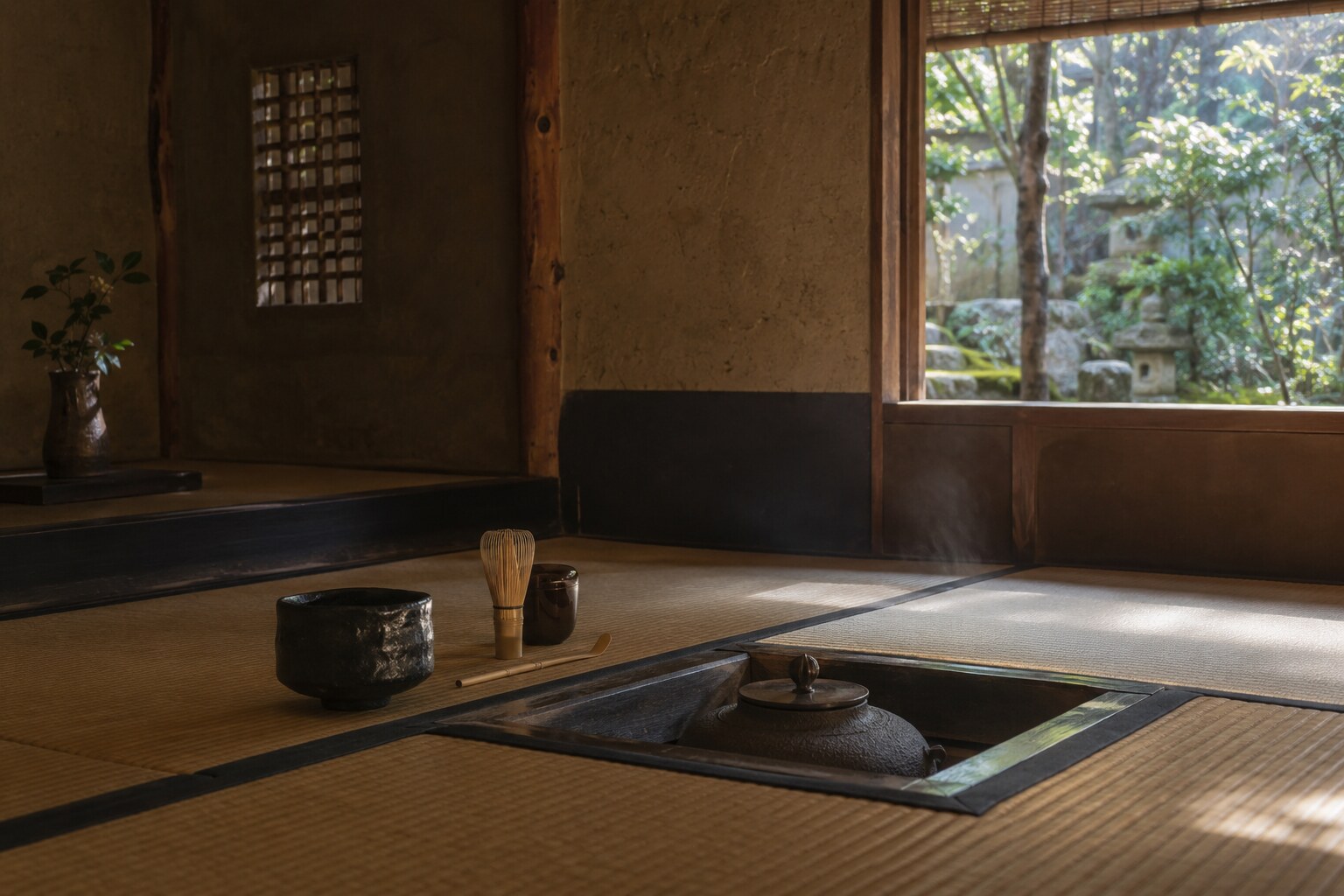 茶室に残る茶碗と道具で、利休以後に受け継がれた茶を表したイメージ(AI生成イメージ)