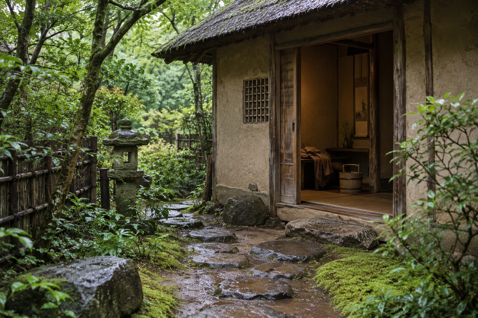 濡れた茶庭と着替えで落とし穴の逸話を表すイメージ。実在の現場の復元ではない(AI生成イメージ)