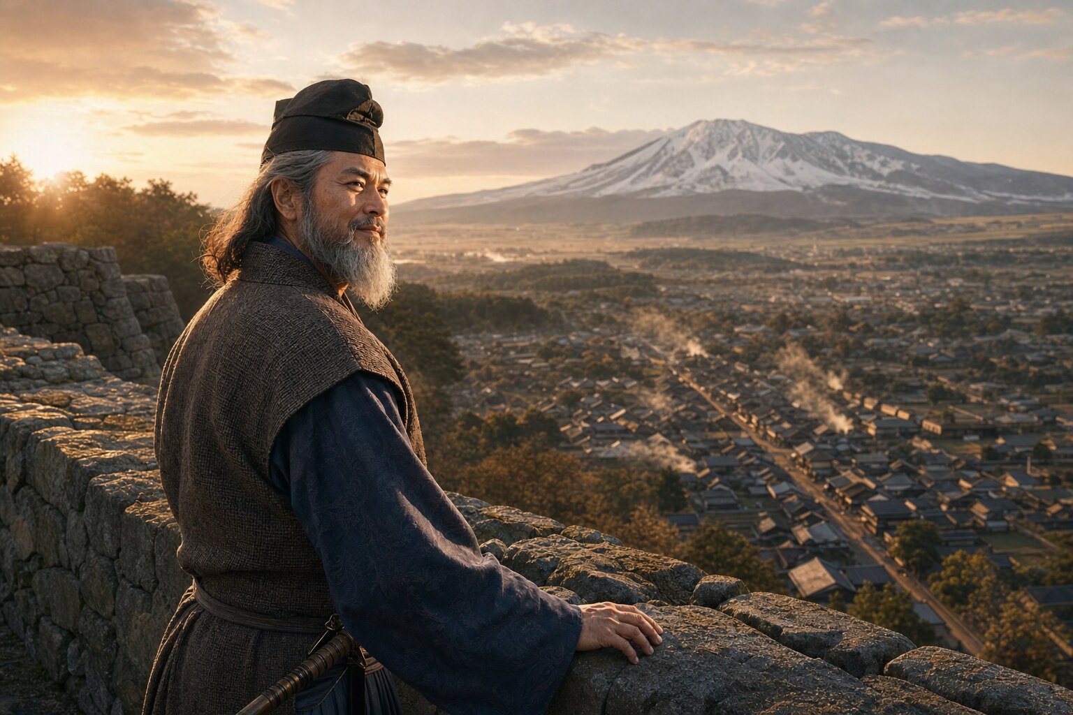 小諸城本丸から望む浅間山と城下町(AI生成イメージ)