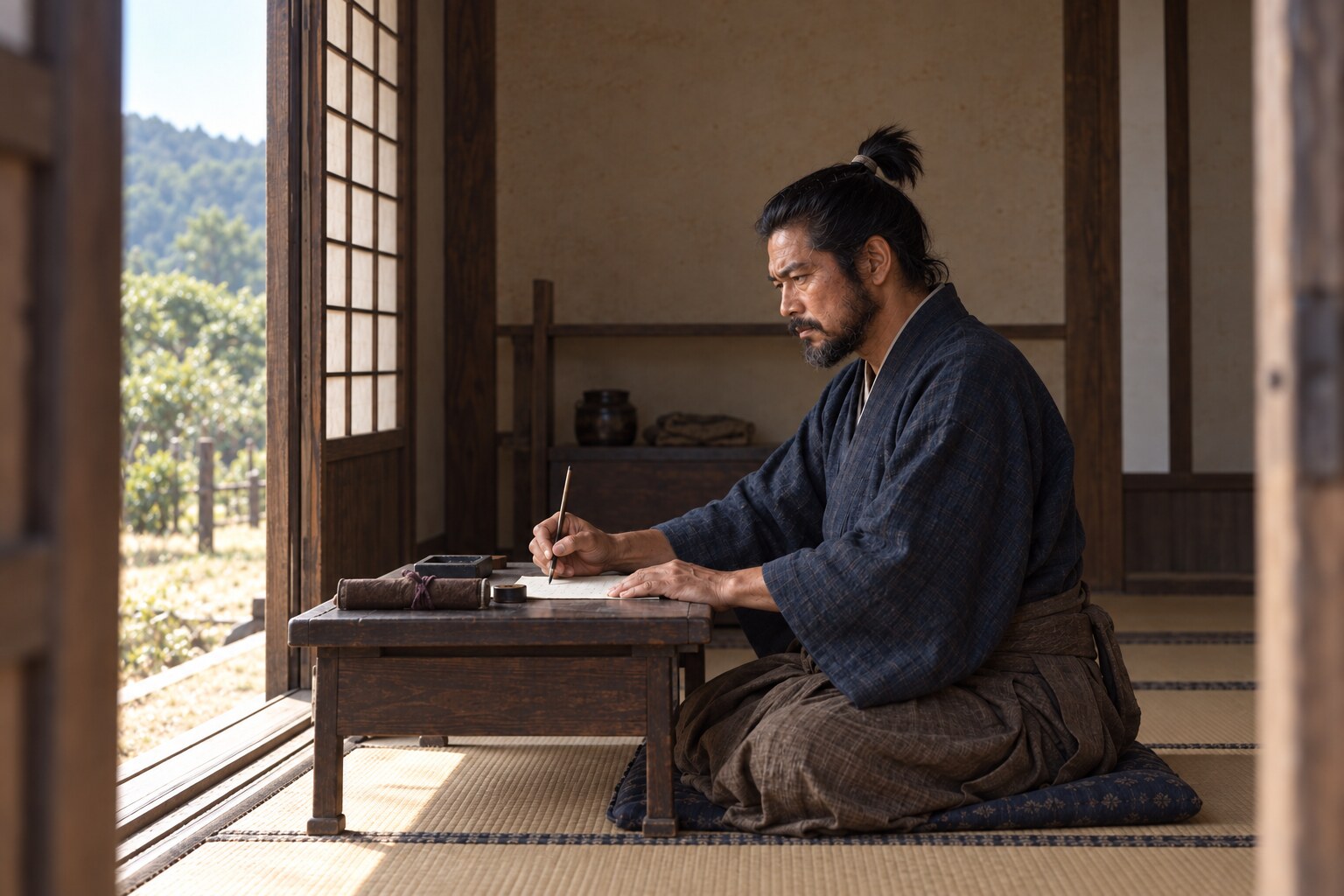 1590年の東国交渉を題材に書状を用意する左近。文書現物の再現ではない（AI生成イメージ）