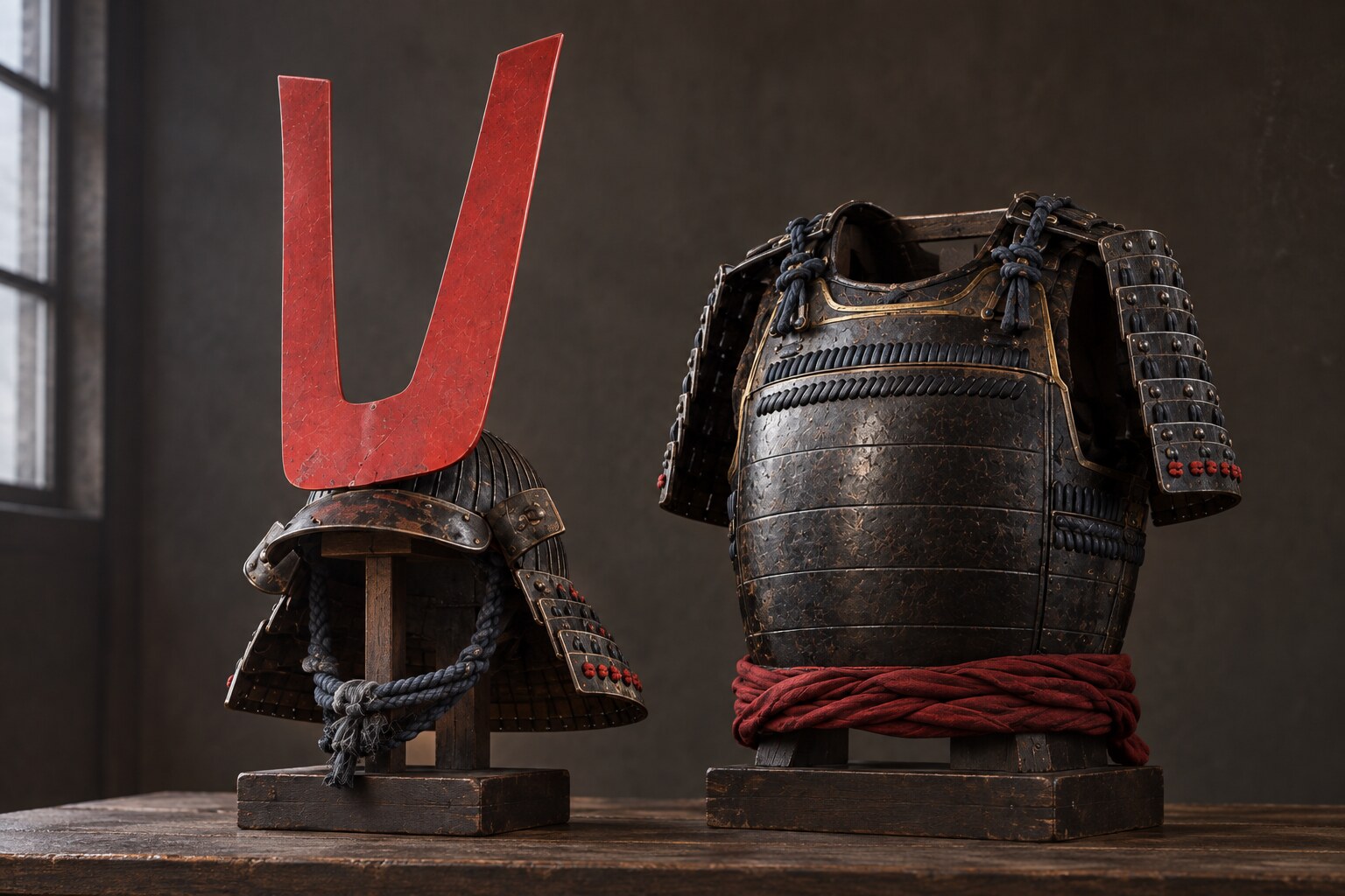 武将画をもとにした兜と甲冑の創作静物。左近所用の実物を写したものではない（AI生成イメージ）