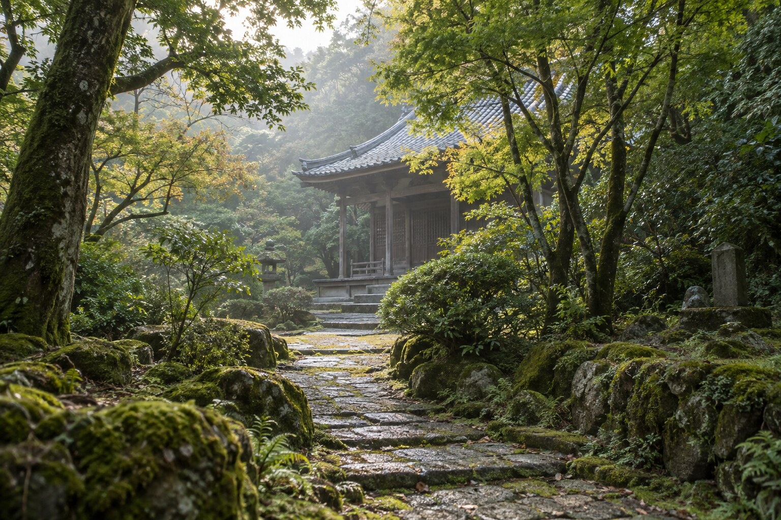 左近の追悼を題材にした寺院の創作風景。立本寺や墓碑そのものの復元ではない（AI生成イメージ）
