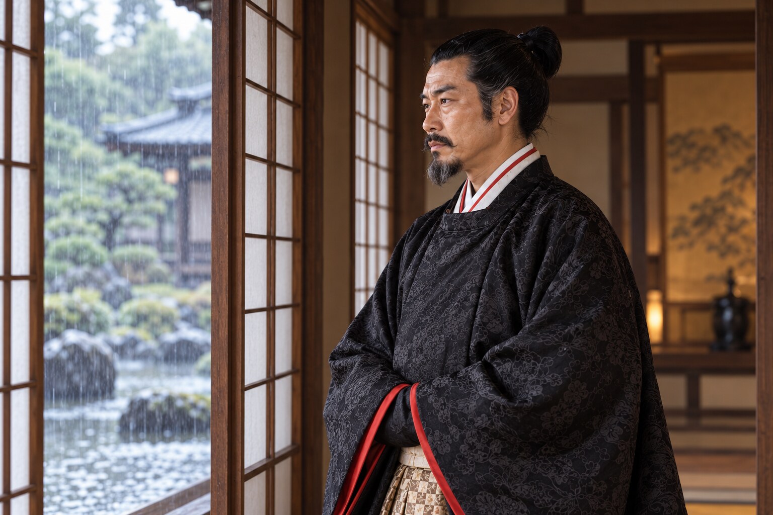 居室で思案する壮年の家久の想像図(AI生成イメージ)