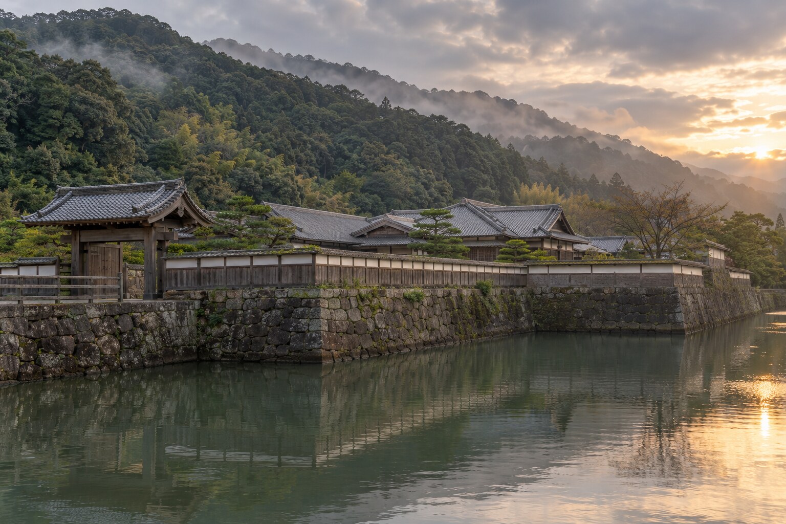 天守を置かない城と屋形の構えを描く想像図。鹿児島城の実測復元ではない(AI生成イメージ)