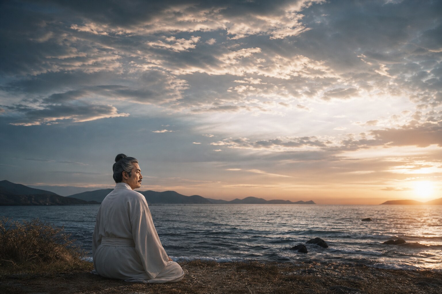 竜ヶ水の浜に最期を迎える歳久。辞世を残し白雲の上へと去った智将(AI生成イメージ)