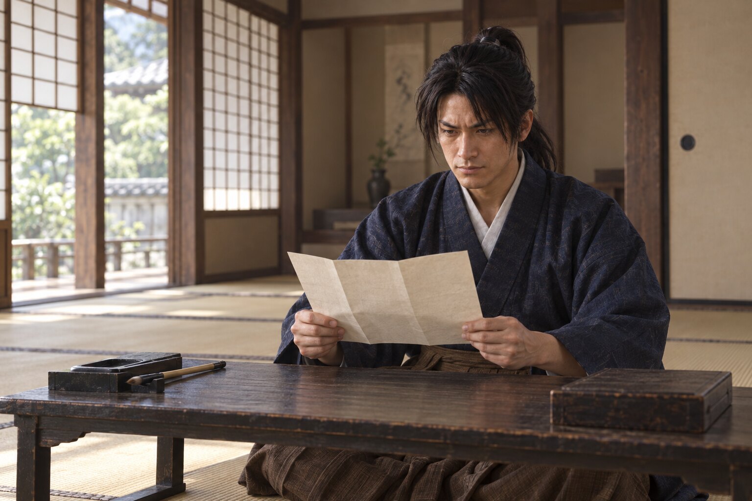 佐土原領主として文書に向かう豊久のイメージ(AIによる想像図)(AI生成イメージ)