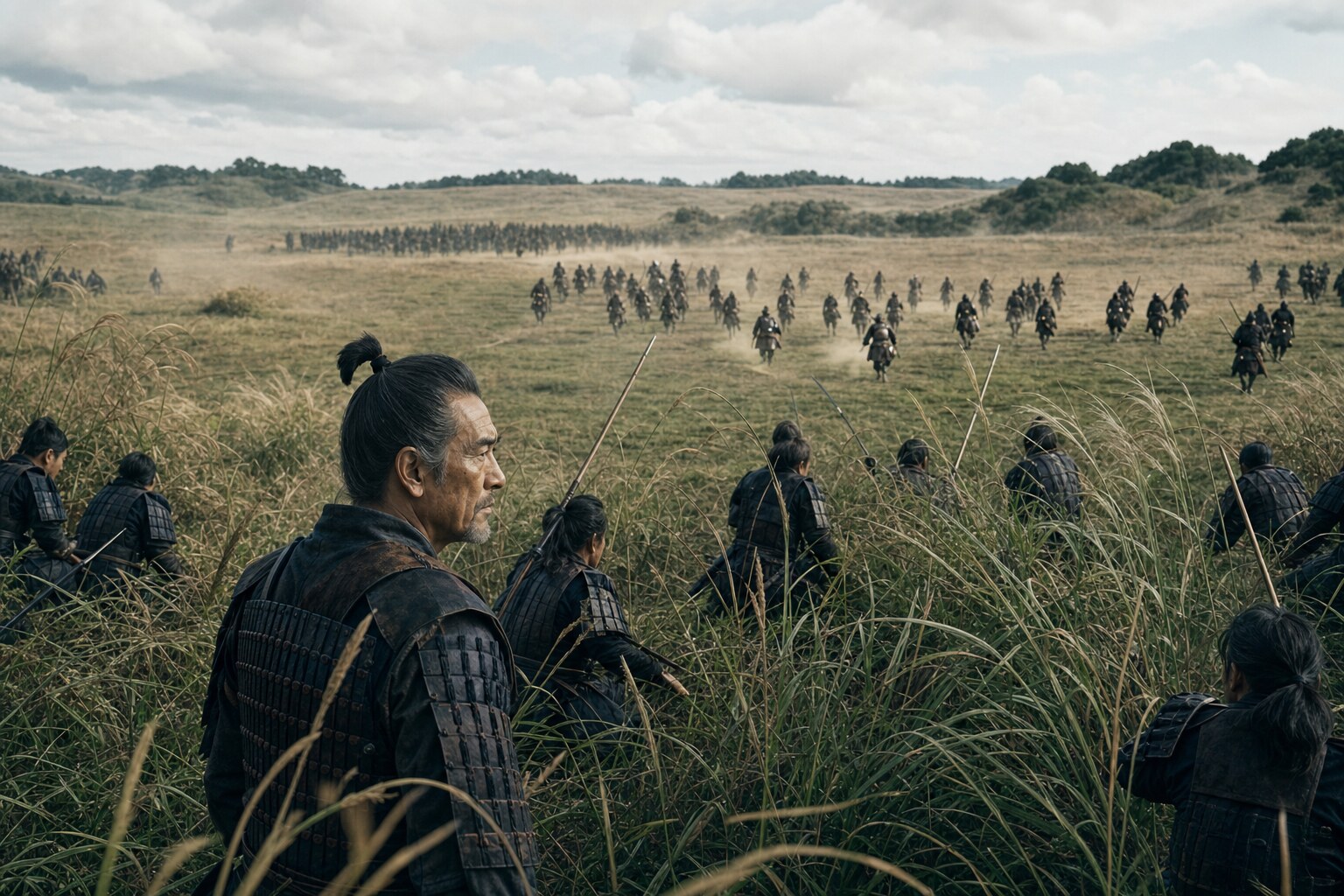 釣り野伏せの戦法。囮で敵を誘い、伏兵が左右から襲いかかる（AI生成イメージ）