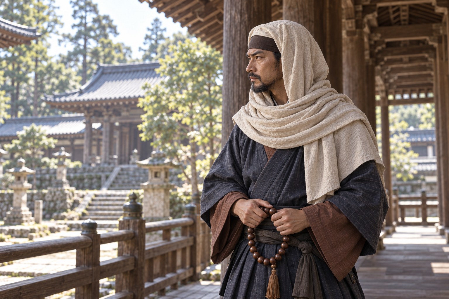 寺の回廊に立つ若年期の頼廉を描いたAI想像図(AI生成イメージ)