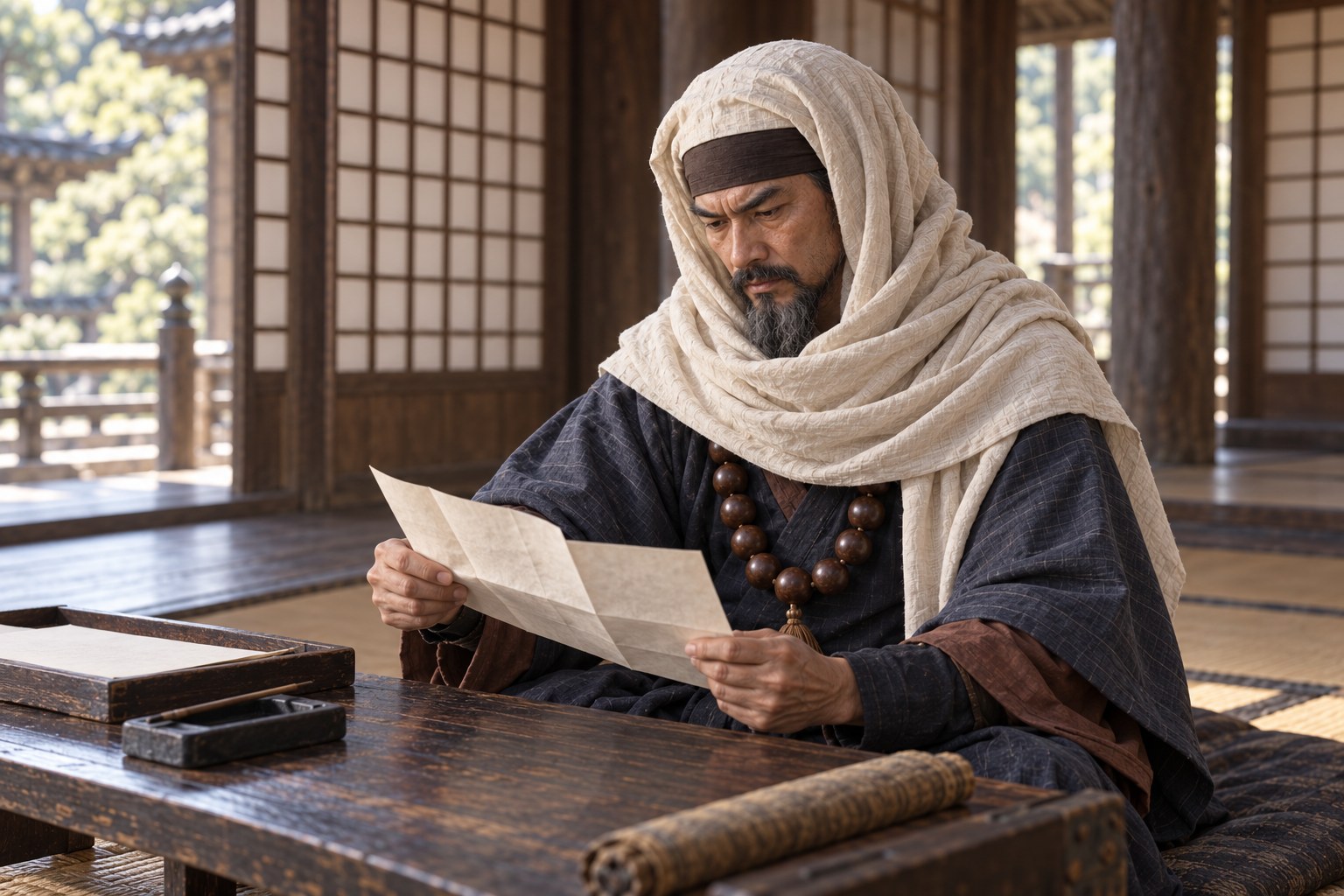 書状を読み込む頼廉を描いたAI想像図(AI生成イメージ)
