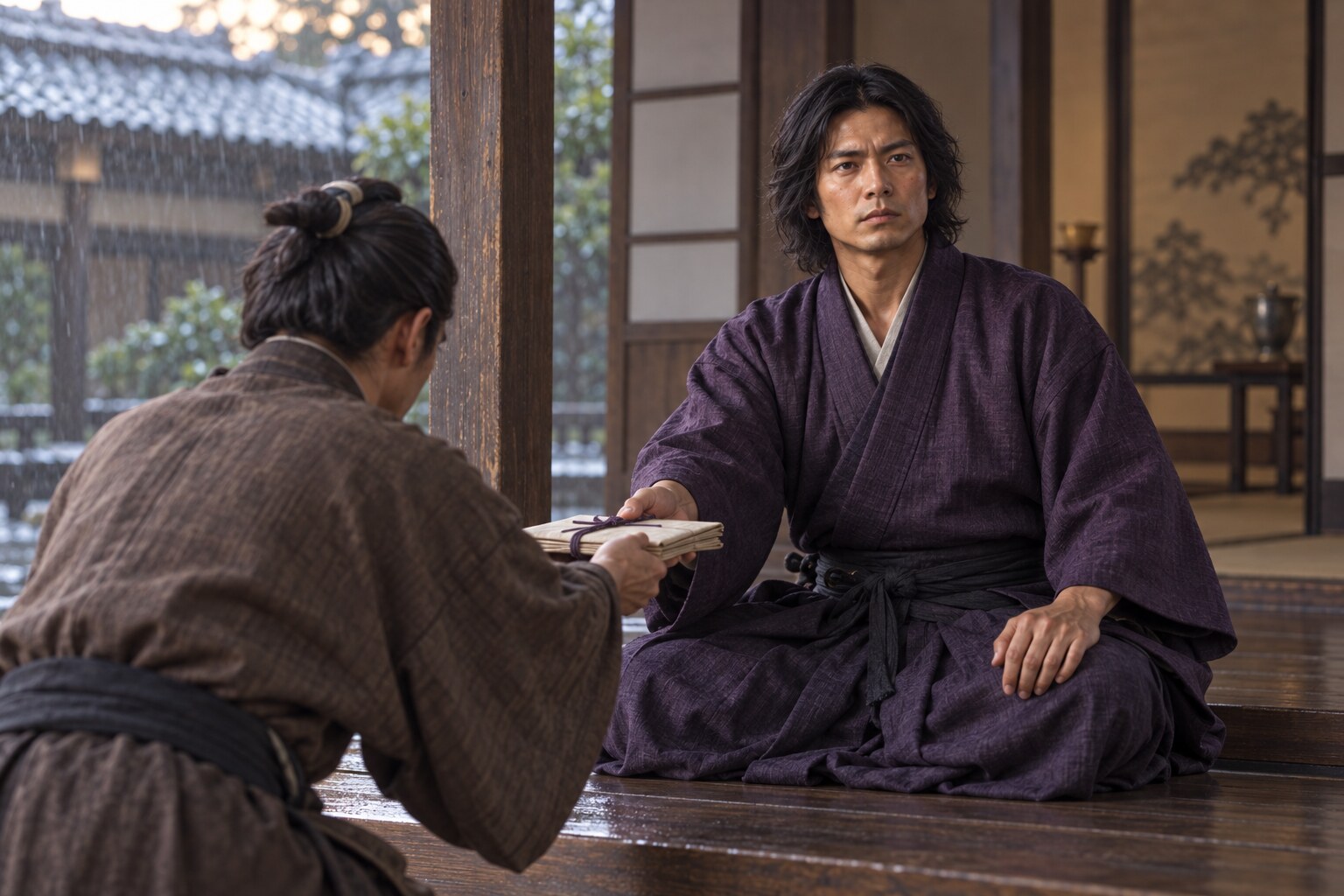 戦後の対馬で使者を迎える宗義智の想像場面(AI生成イメージ)