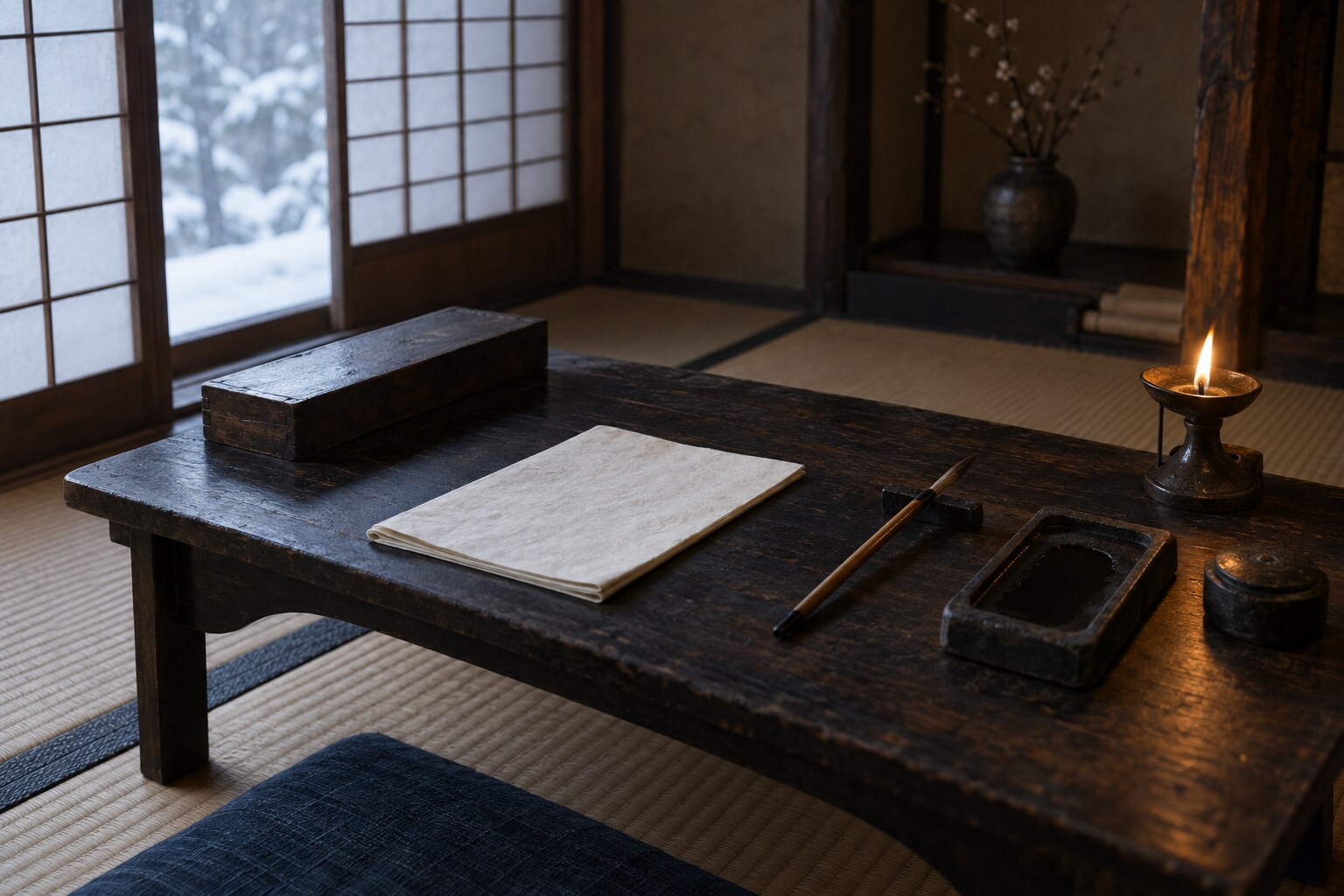 晩年の書状を想起させる文机。現存書状の再現ではない(AI生成イメージ)