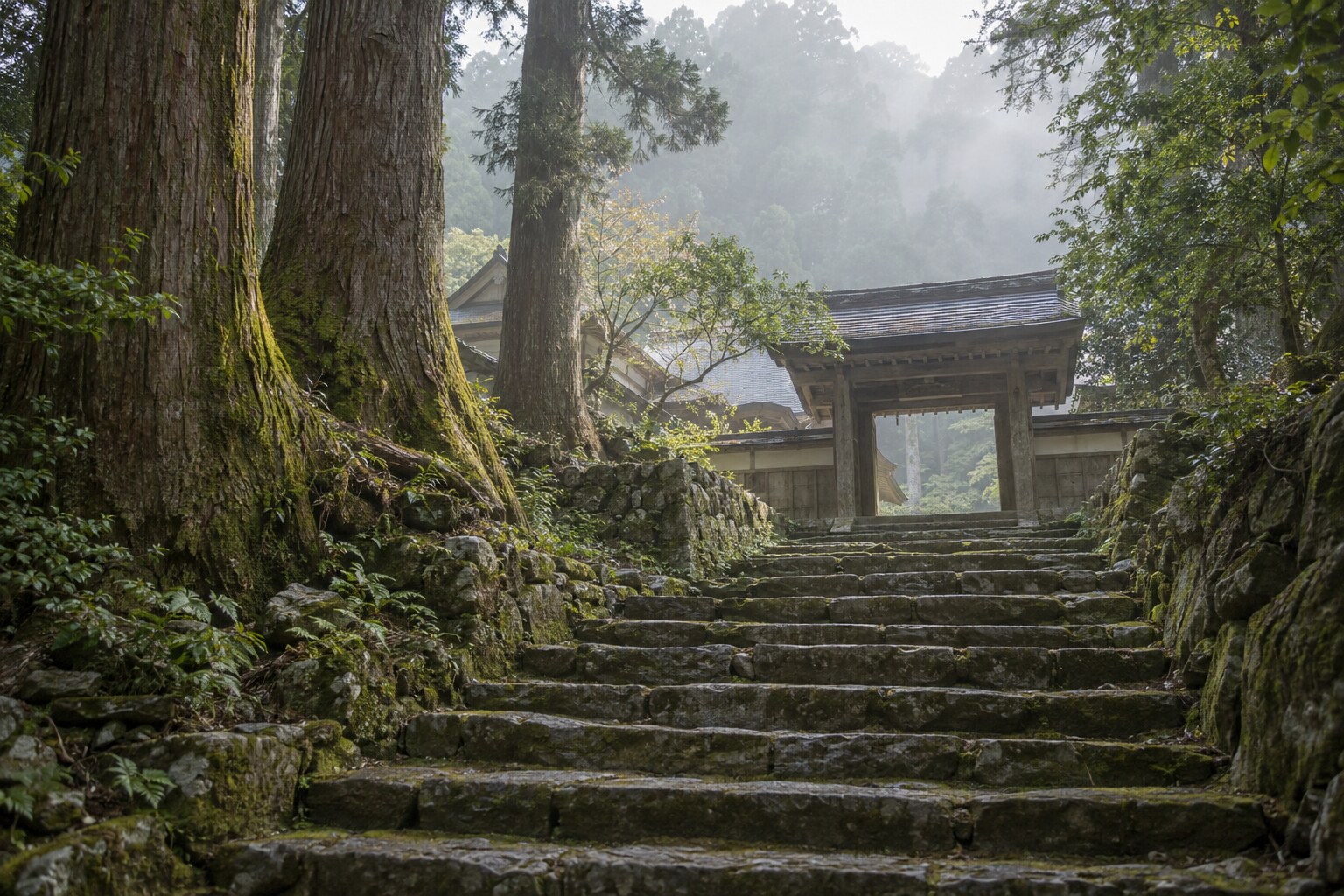 対馬の寺院の石段を想起させる無人の情景。万松院の実測復元ではない(AI生成イメージ)