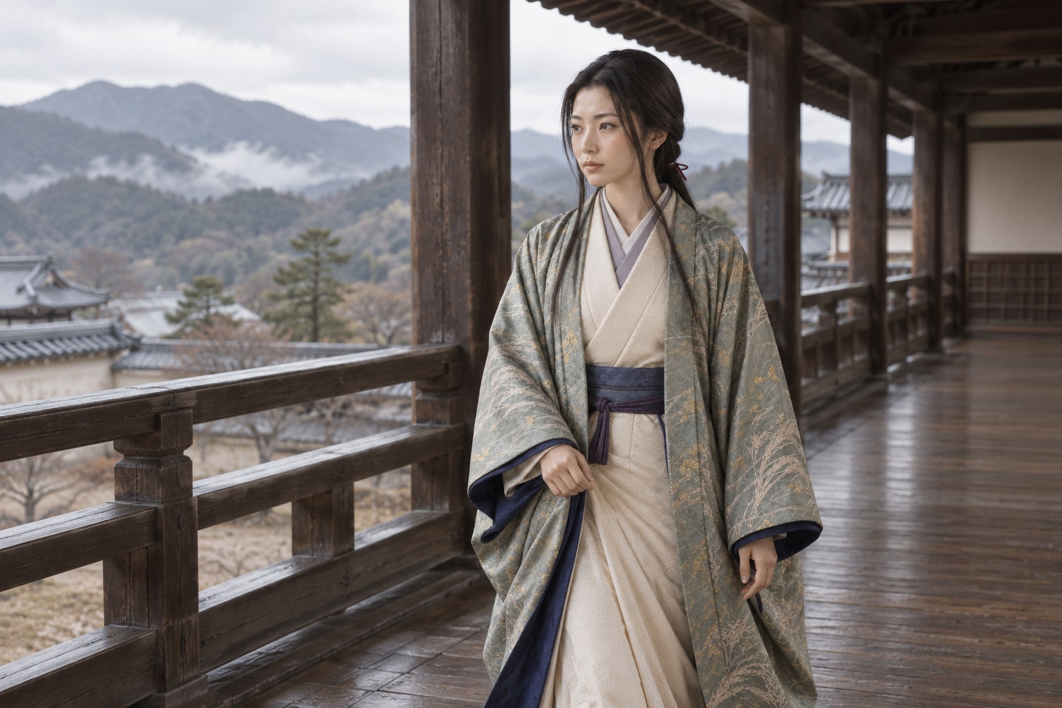 山々を望む廊下を歩く諏訪御料人の想像図。1542年の移動経路や行動の再現ではない(AI生成イメージ)