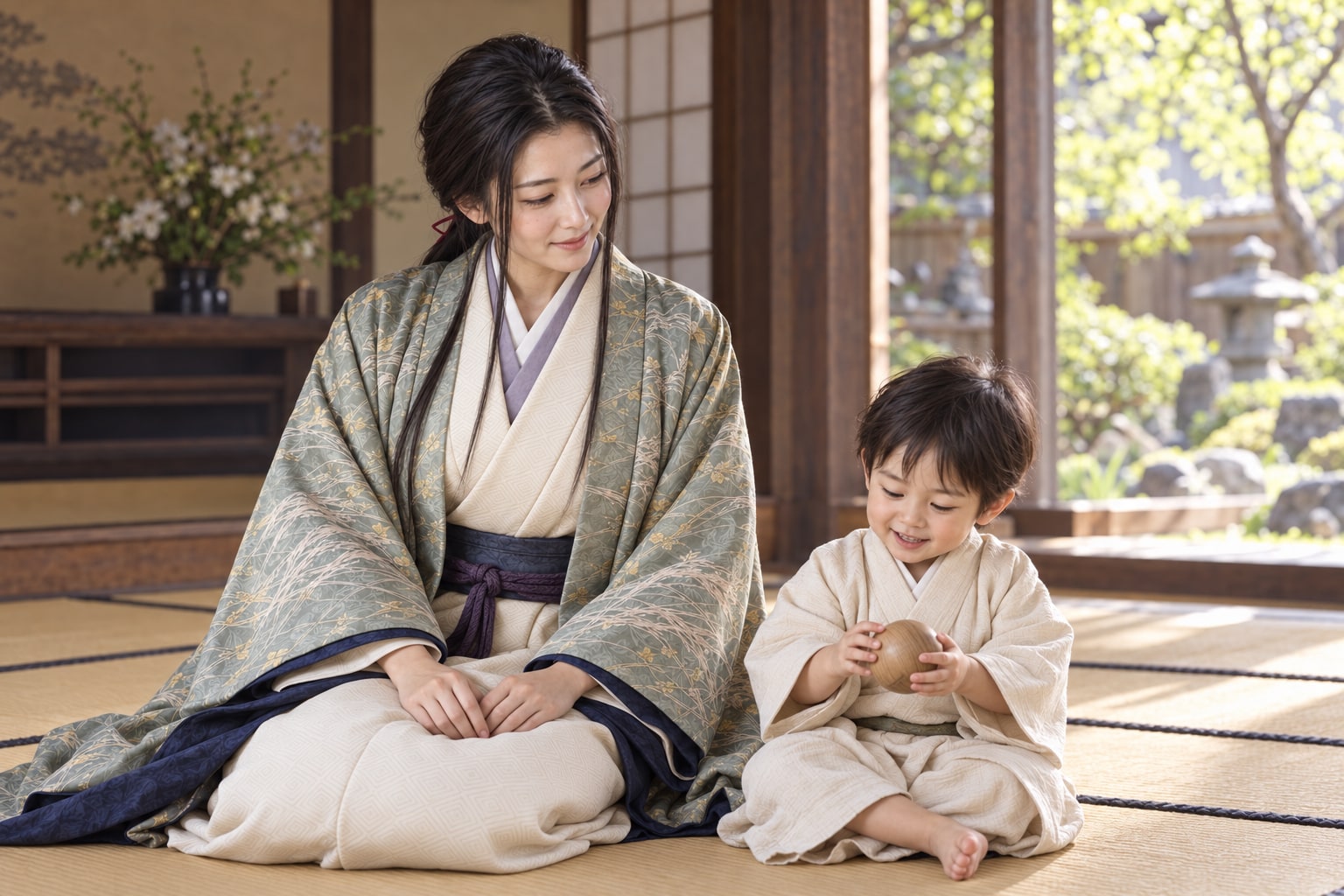 幼い勝頼を見守る諏訪御料人の想像図。二人の容姿や養育の場面は創作(AI生成イメージ)