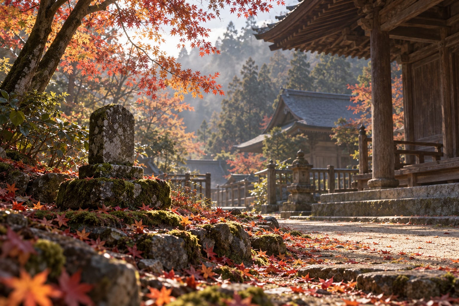 寺院と供養の場を表した想像図。建福寺・小坂観音院の実景や墓の形状を再現した画像ではない(AI生成イメージ)