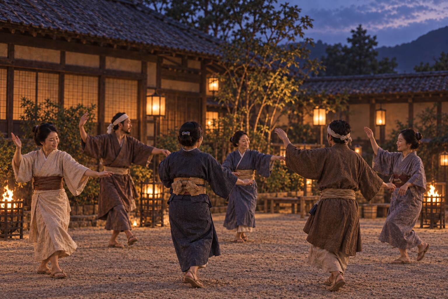 踊りの伝承をもとにした夕暮れの情景(現在の鶴崎踊の再現ではない・AI生成)(AI生成イメージ)