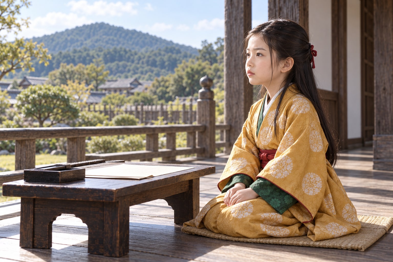 立花山で育つ幼い誾千代を描いた想像図。幼少期の容貌や日常の再現ではない（AI生成）（AI生成イメージ）