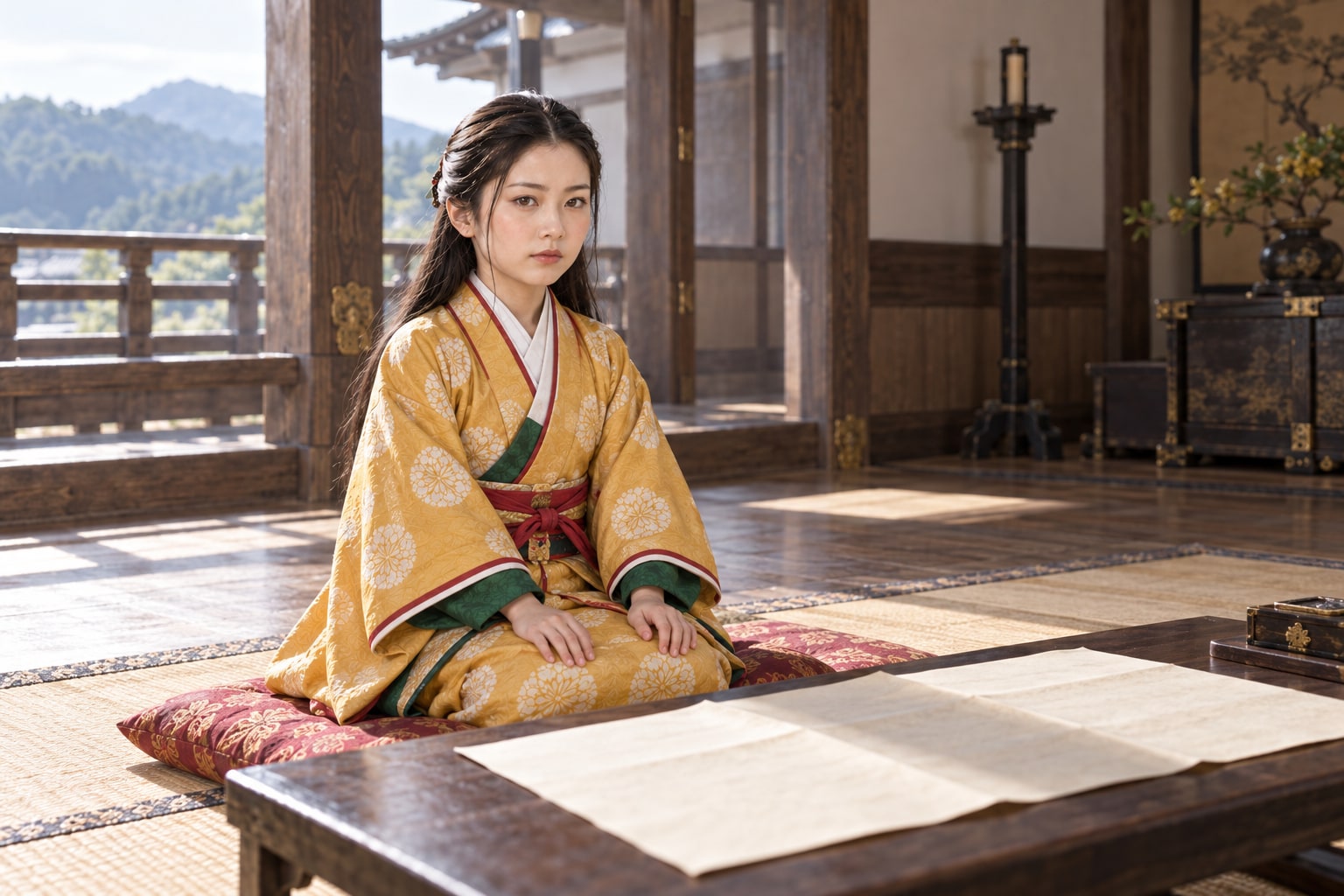 城督継承のころの幼い誾千代を描く想像図。儀式や譲状の実景復元ではない（AI生成）（AI生成イメージ）