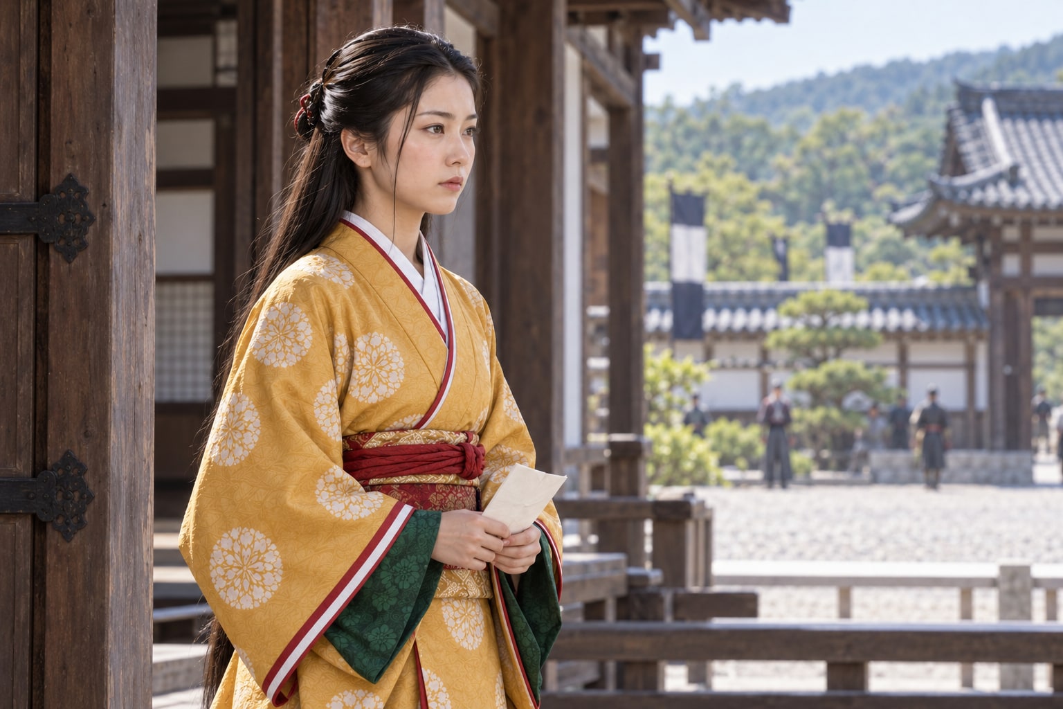 婚姻期の誾千代を描いた想像図。衣装・容貌・手紙は創作で、婚礼の再現ではない（AI生成）（AI生成イメージ）