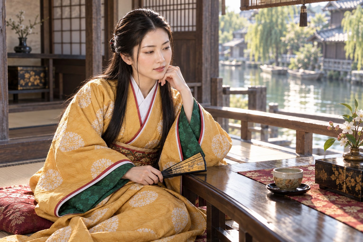 柳川時代の誾千代を水辺の居所に配した想像図。宮永への移居年や居館の実景を示すものではない（AI生成）（AI生成イメージ）