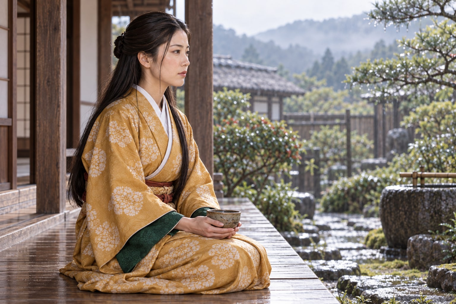 肥後での晩年を題材にした誾千代の想像図。病状や死の場面を再現したものではない（AI生成）（AI生成イメージ）