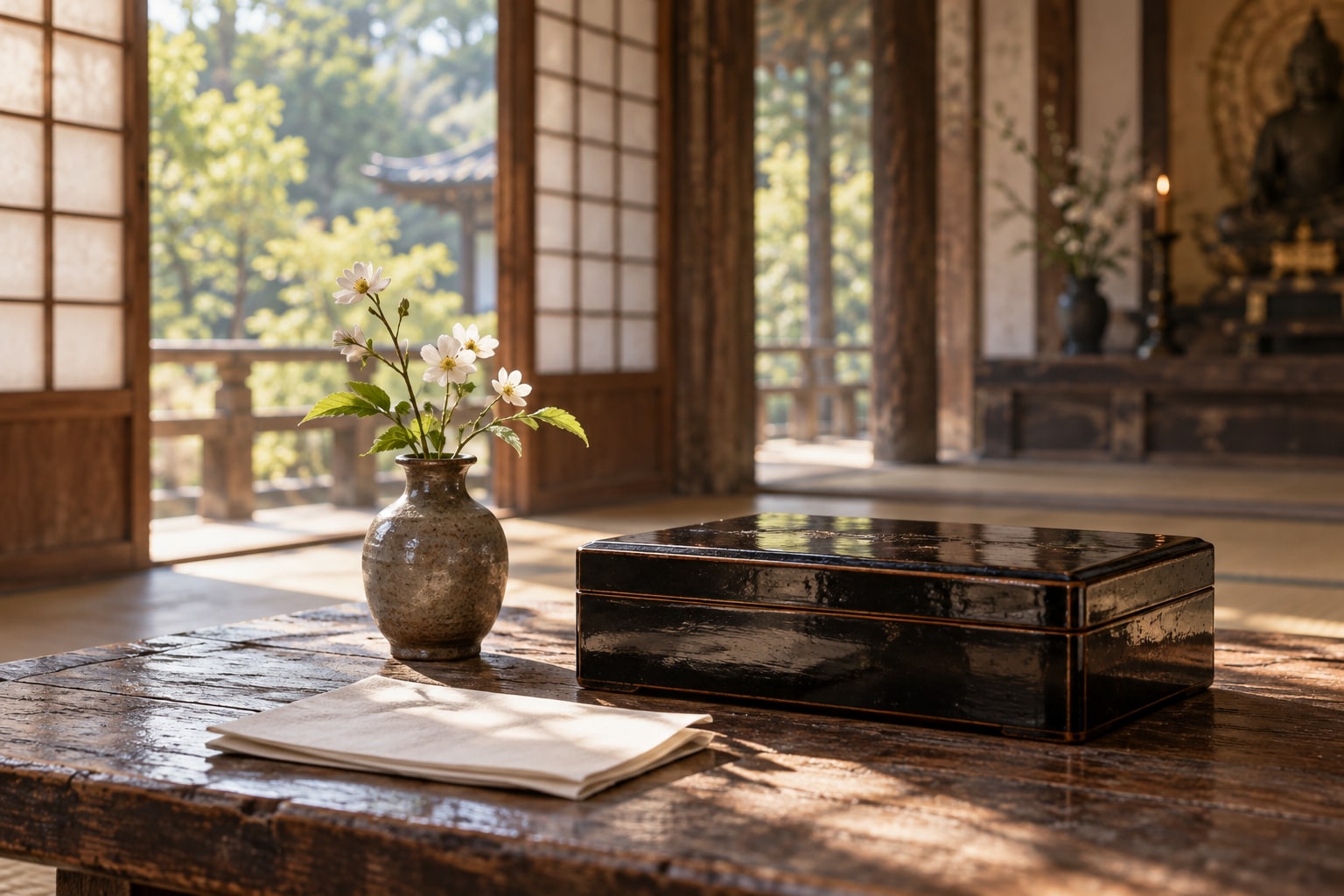 誾千代への供養を象徴する静物の創作図。実在の寺院・遺品・供養具の再現ではない（AI生成）（AI生成イメージ）