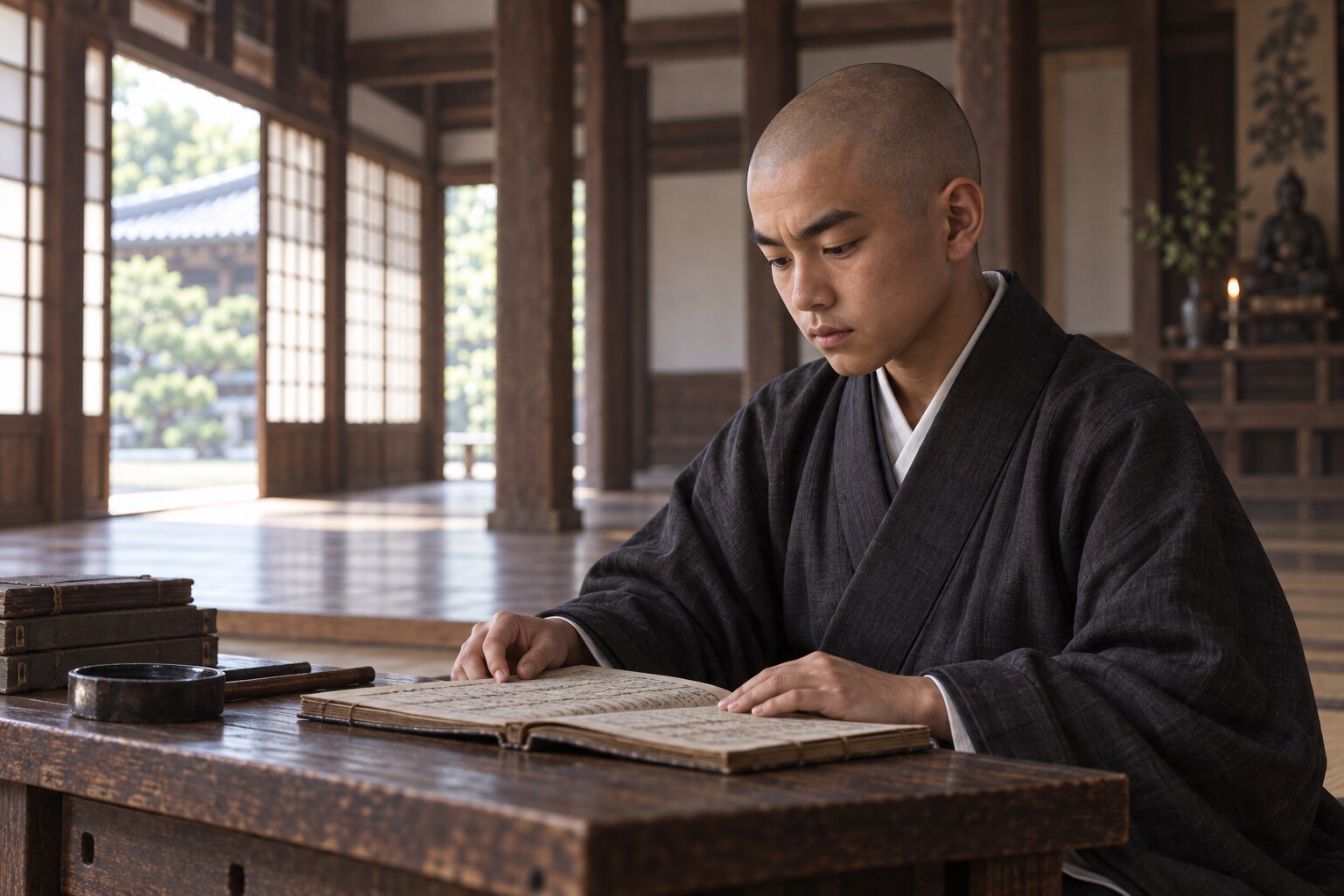 京都の禅寺で書物を学ぶ若い雪斎の想像図(AI生成イメージ)
