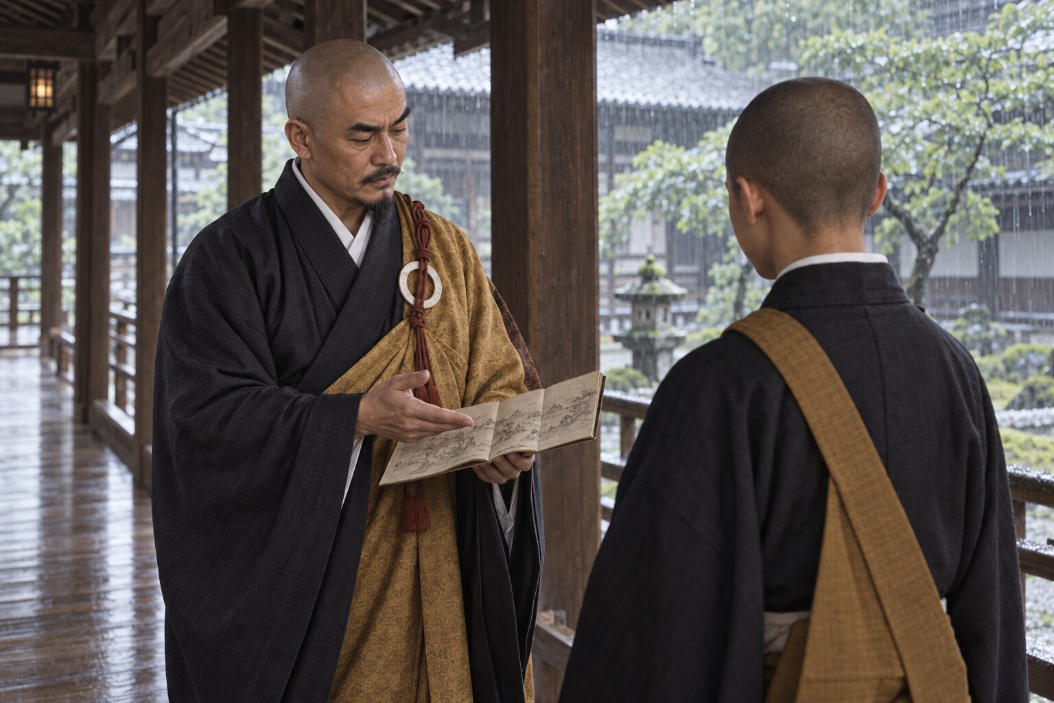 若い承芳に書物を示す雪斎の想像図(AI生成イメージ)