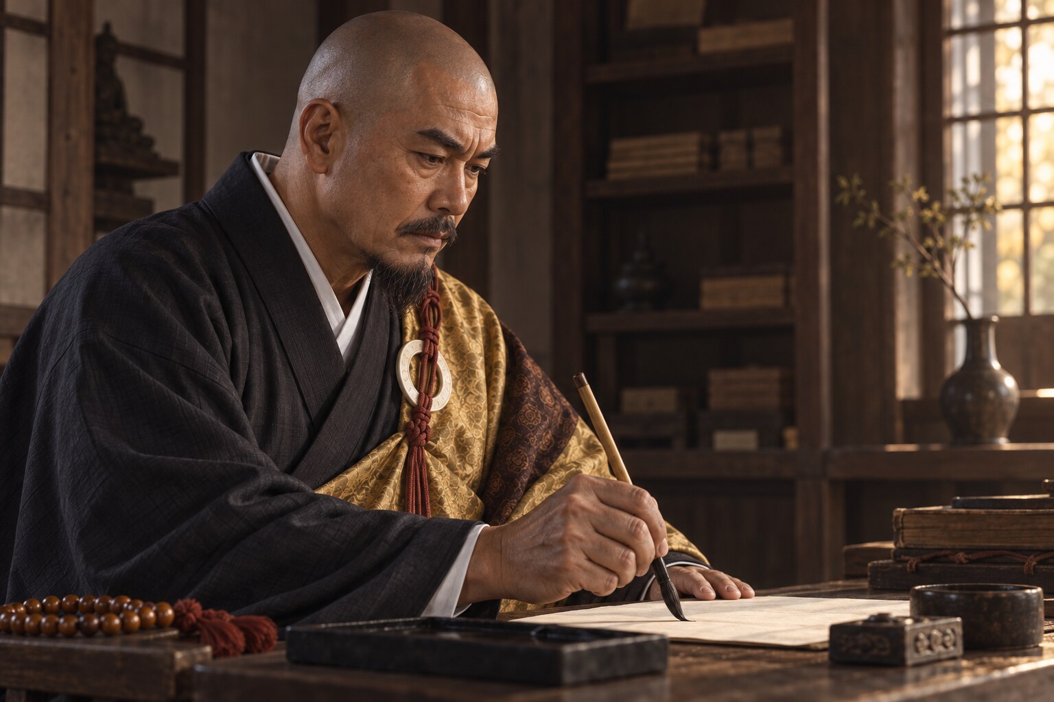外交文書に向かう雪斎の想像図。三将の会盟場面は描いていない(AI生成イメージ)
