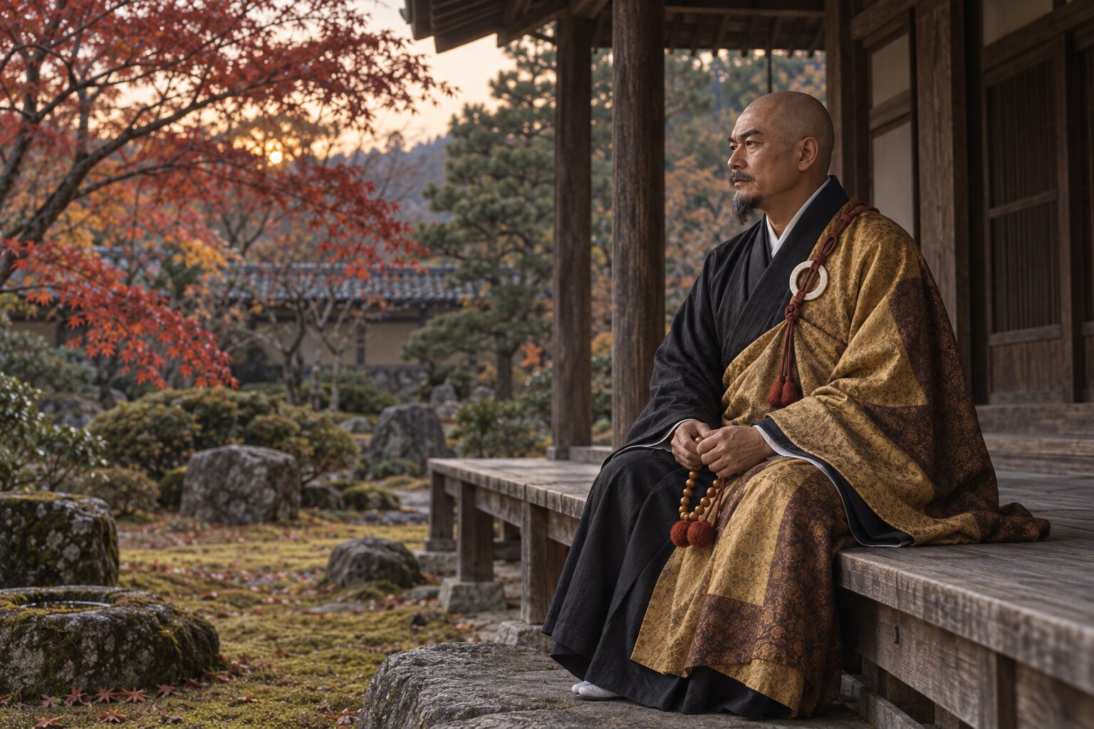 寺の縁側で庭を眺める晩年の雪斎の想像図(AI生成イメージ)