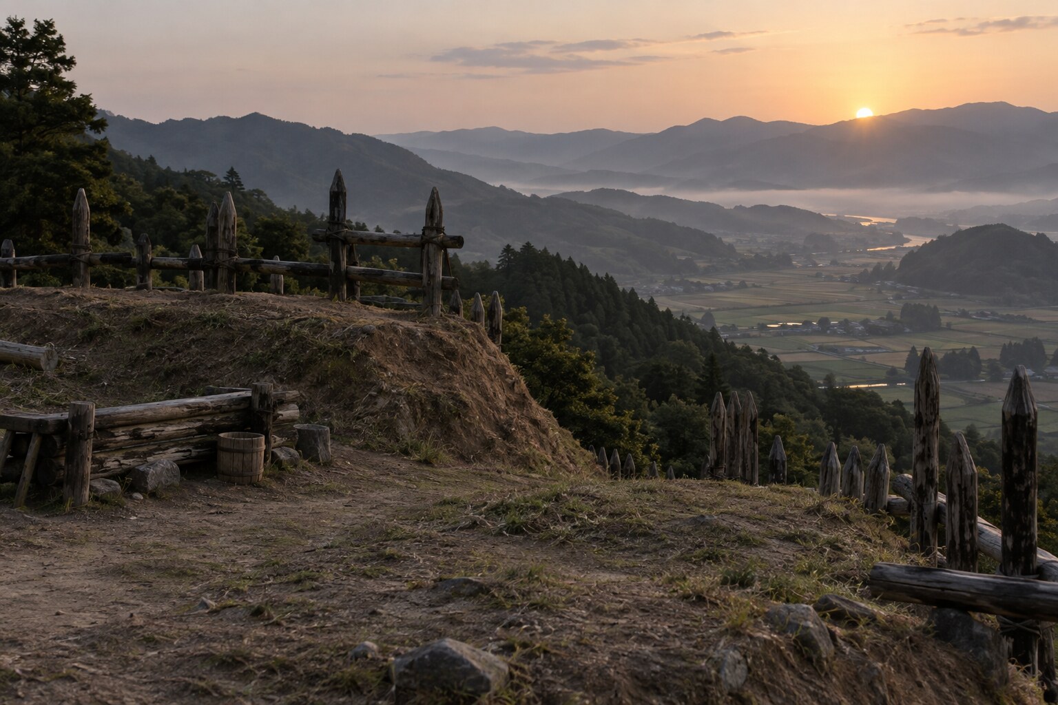 戦いの後の山城を表す無人の想像風景。現地写真ではない(AI生成イメージ)