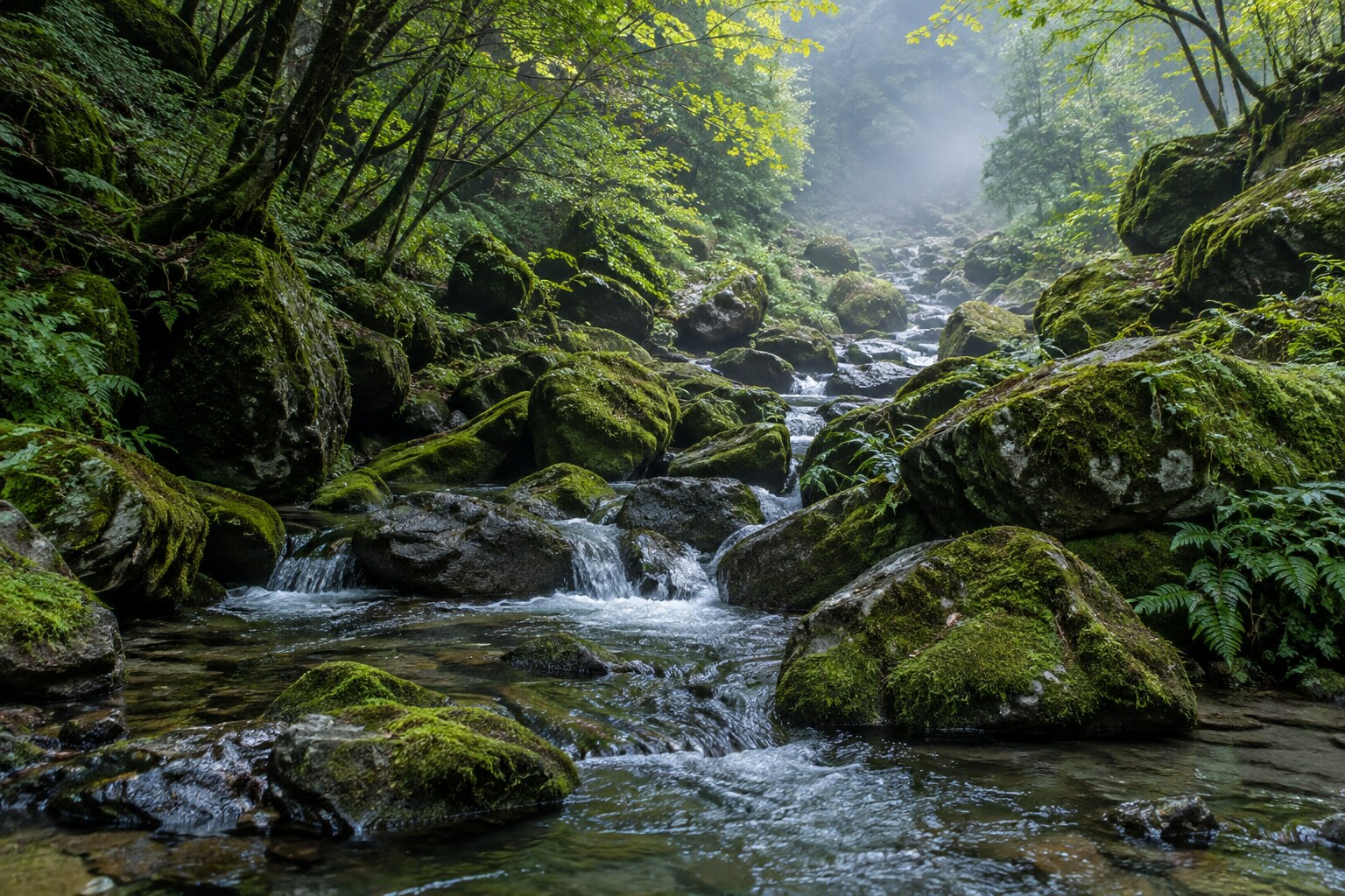 辞世に詠まれた苔と山の水を表す無人の想像風景(AI生成イメージ)