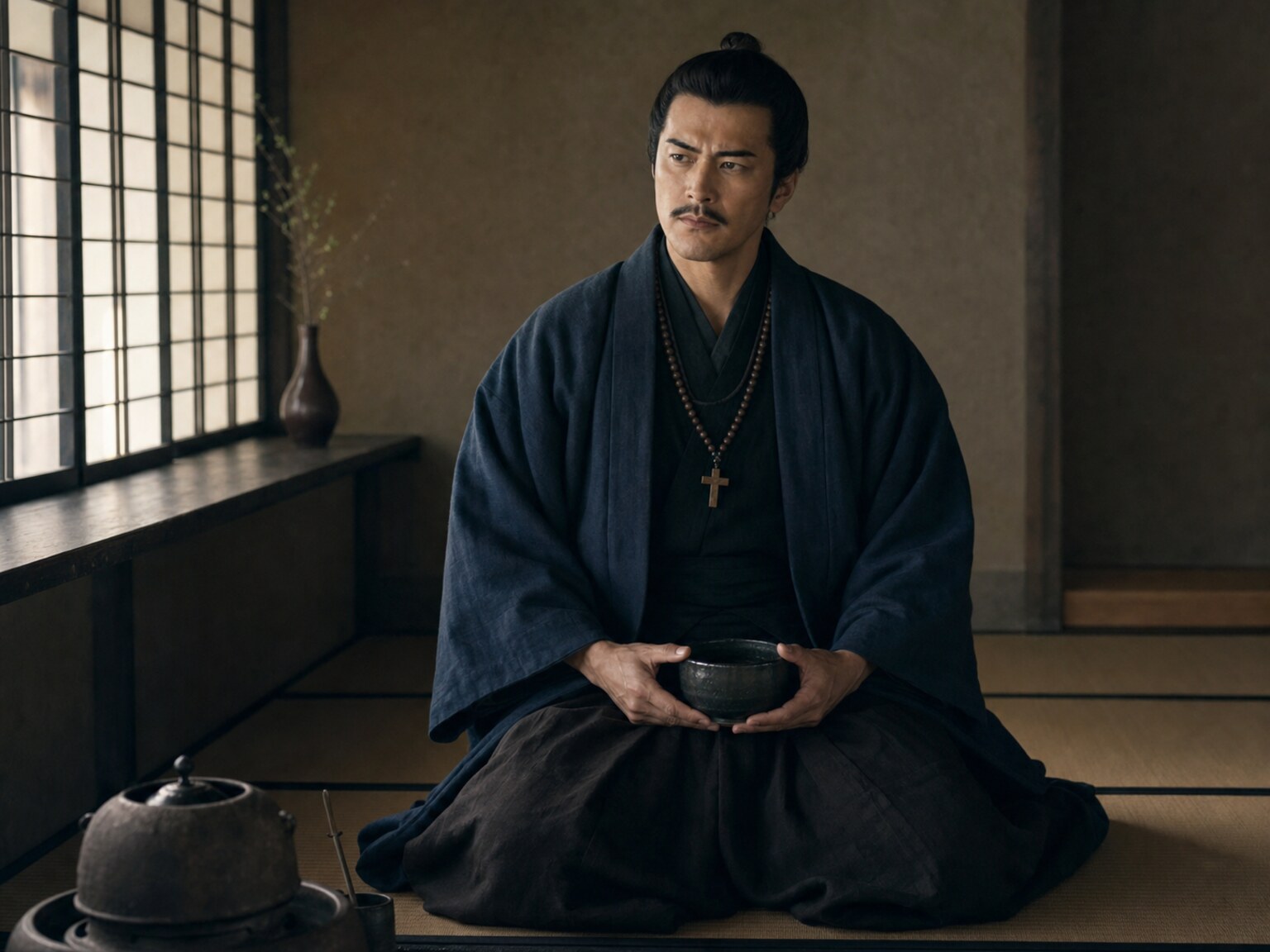 茶室に座す利休七哲の右近と築いた船上城