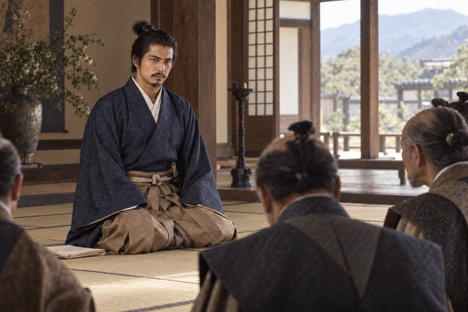 家臣と対面する家督継承期の勝頼の想像図（AI生成イメージ）