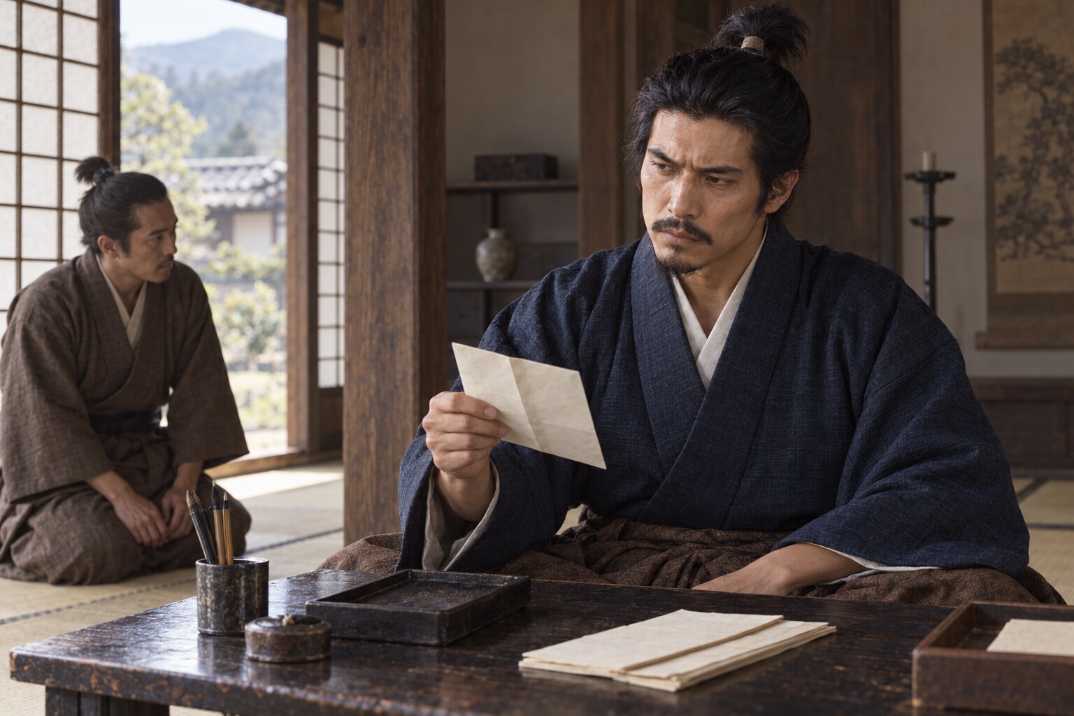 御館の乱の時期に書状を読む勝頼の想像図（AI生成イメージ）
