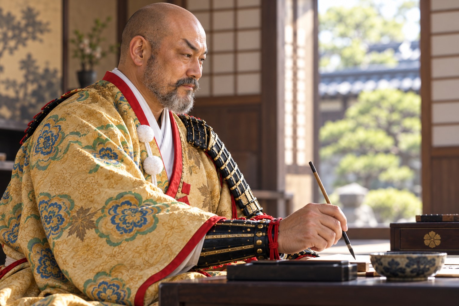 筆を執る信廉の想像図（伝来作品の再現ではない）（AI生成イメージ）