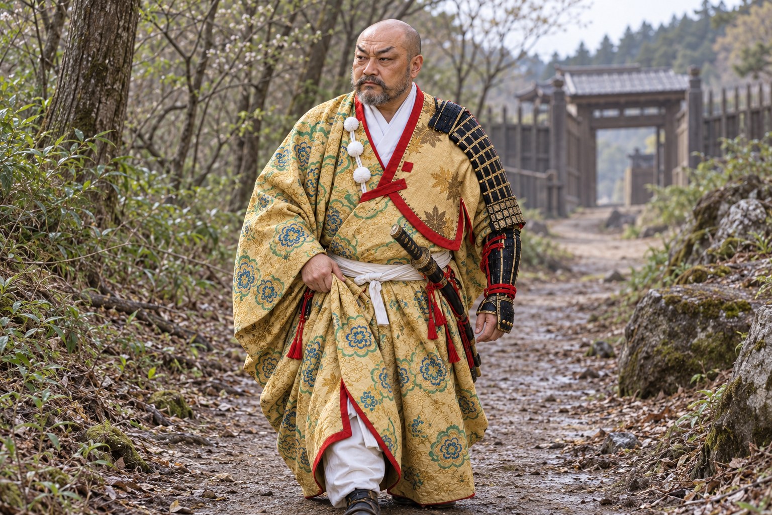 城を離れて山道を進む信廉の想像図（AI生成イメージ）