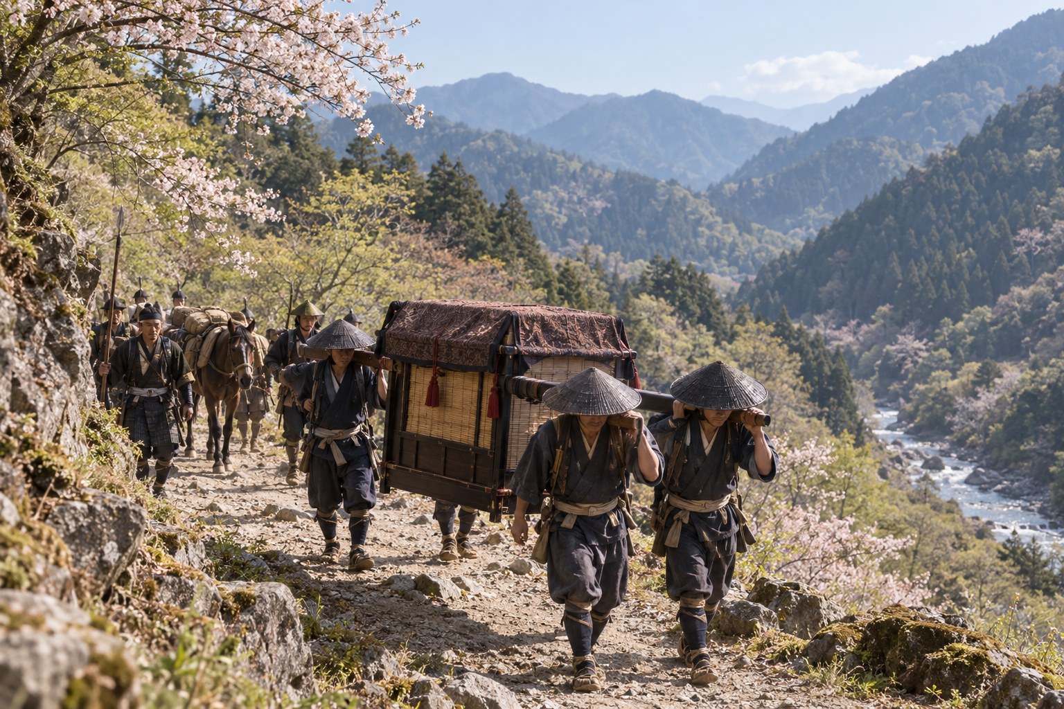 山間を帰還する武田方の一行を描いた想像図。特定の没地の復元ではない(AI生成イメージ)
