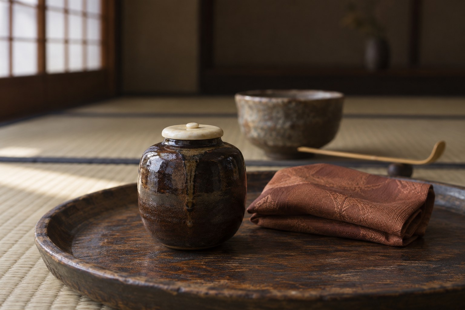 一益が好んだ茶の湯を表す創作の茶入。珠光小茄子の復元ではない（AI生成イメージ）