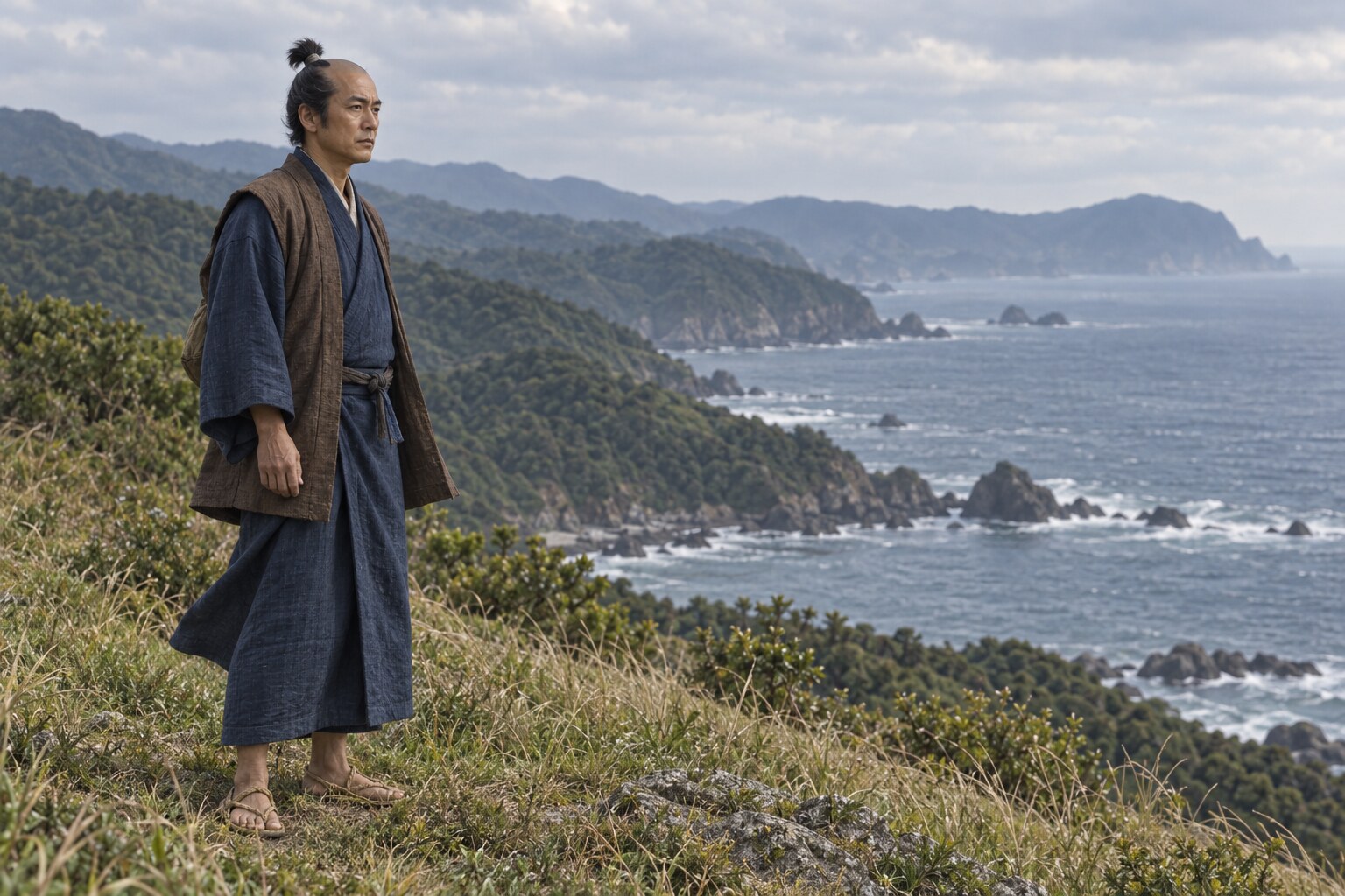 戦後の土佐を思わせる海辺に立つ忠澄の想像場面(AI生成イメージ)