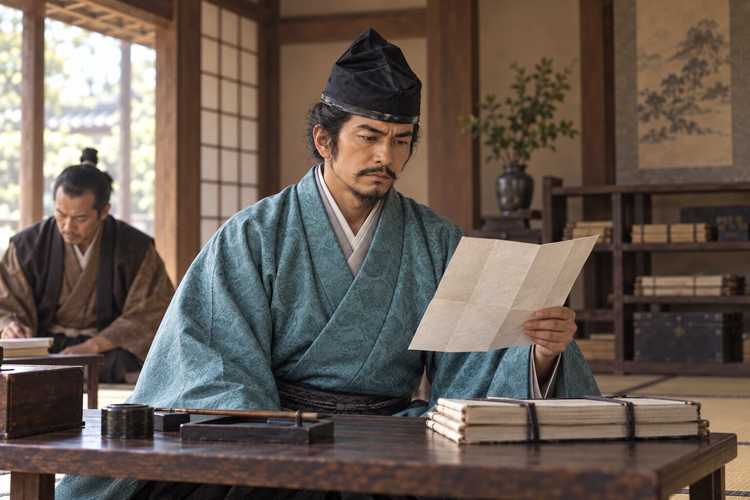 秀吉に仕える奉行として書状を読む若い広高の想像図（AI生成イメージ）