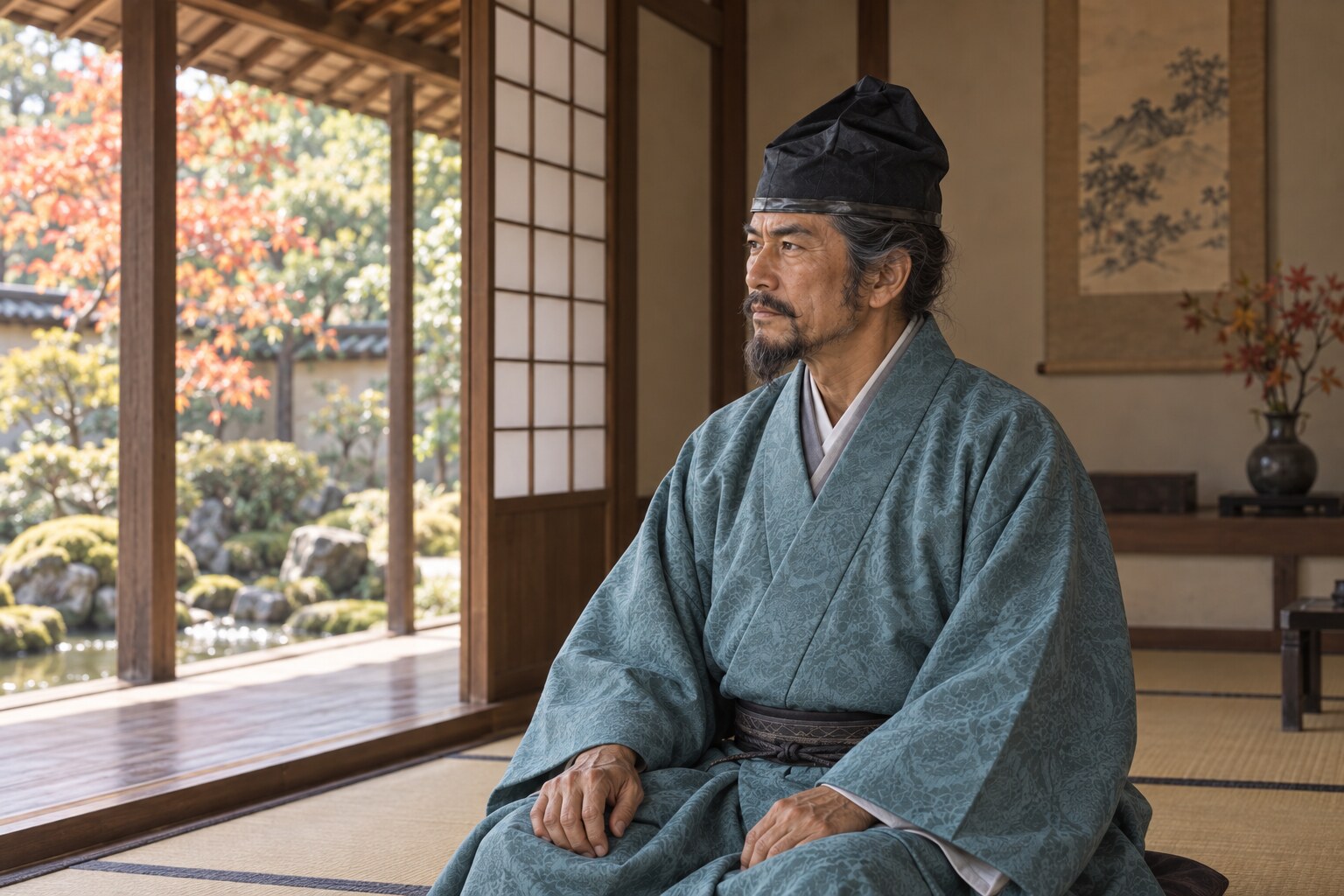 晩年の広高が静かな座敷で庭を眺める想像図（AI生成イメージ）