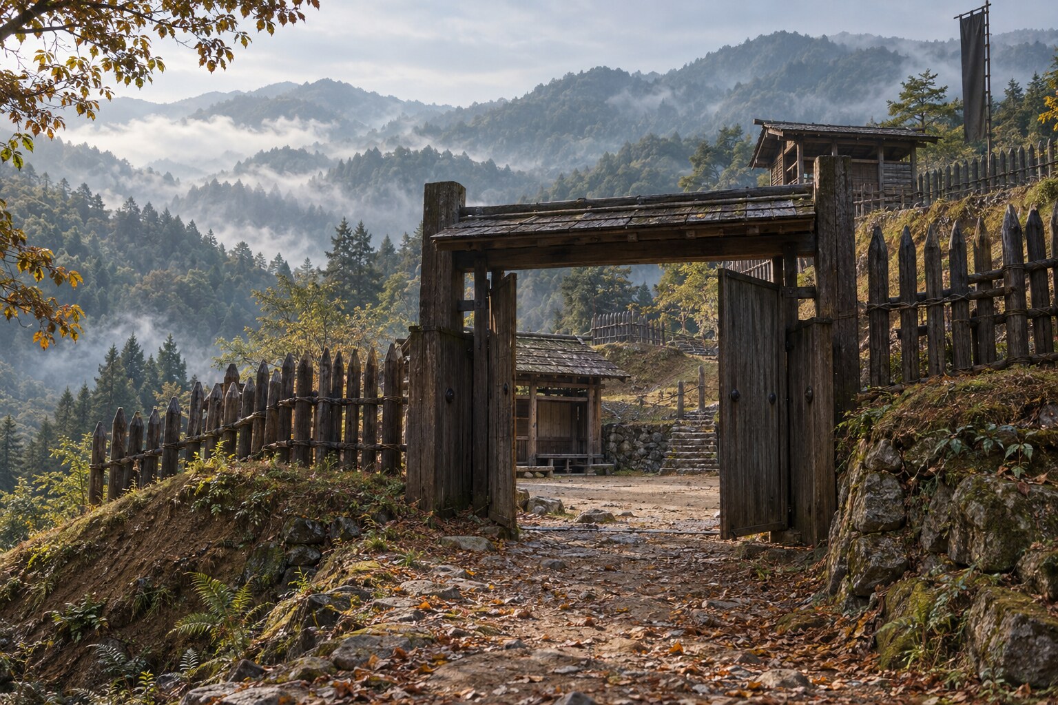 旧領主の退城期を表す南予の山城の想像復元（AI生成イメージ）