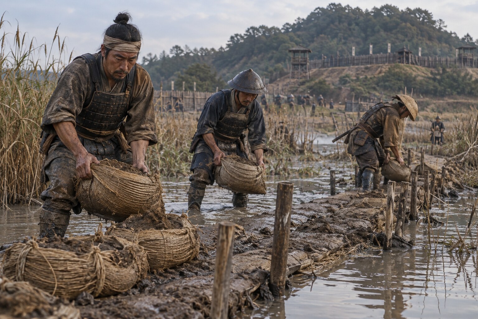韮山城西側の湿地で足場を築く部隊の想像復元（AI生成イメージ）