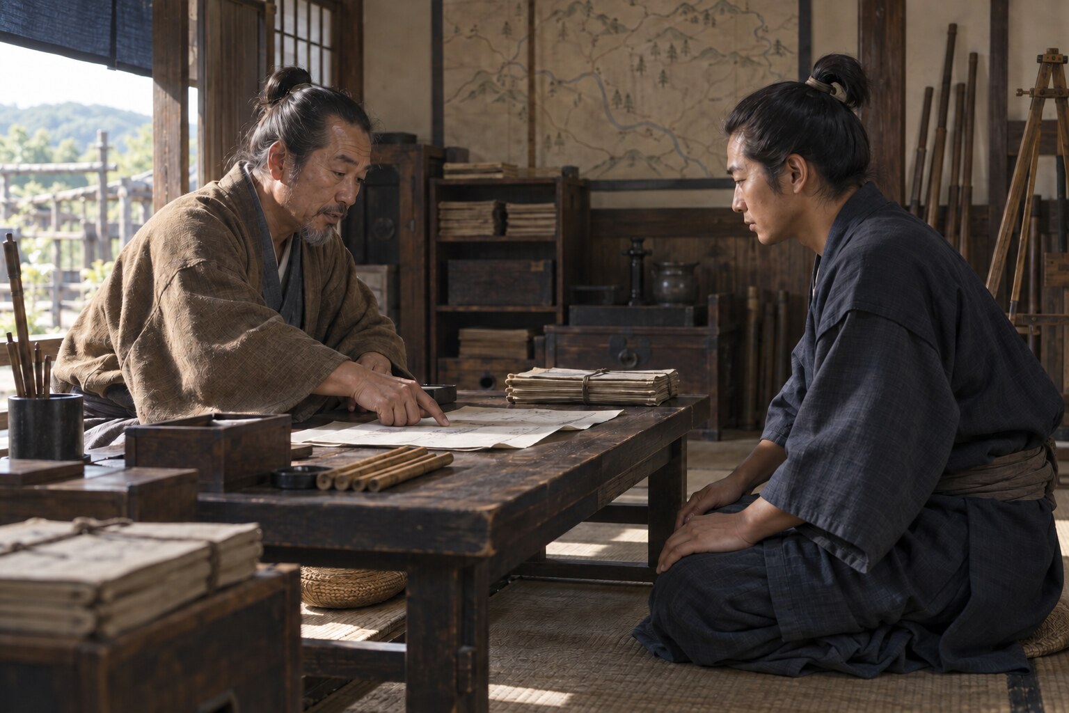 検地条目を確認する役人たちの想像復元（AI生成イメージ）