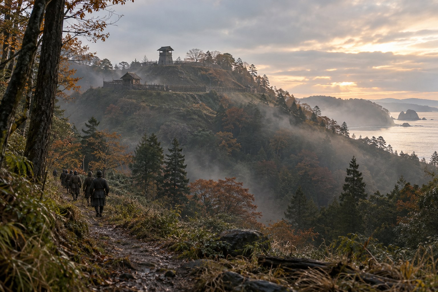 末森救援を題材にした能登の山城の情景。城の復元図ではない(AI生成イメージ)
