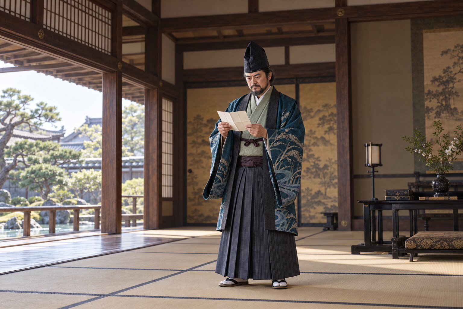 書状に目を通す頼芸の想像場面（AI生成イメージ）